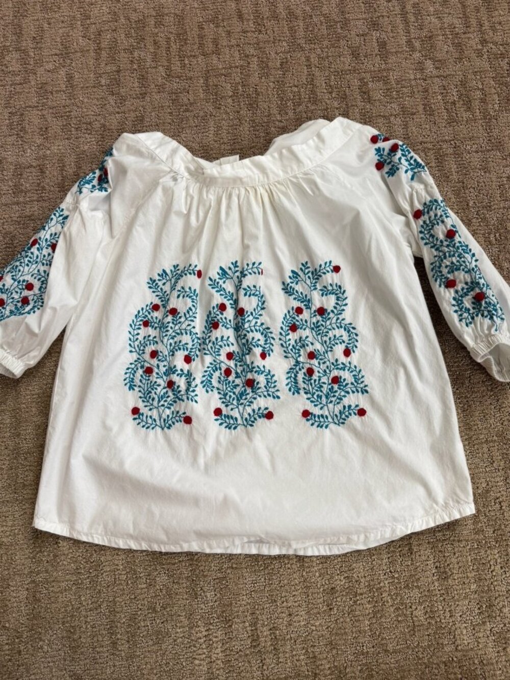 Roller Rabbit Embroidered Cotton Peasant Blouse White Blue Boho Top Medium